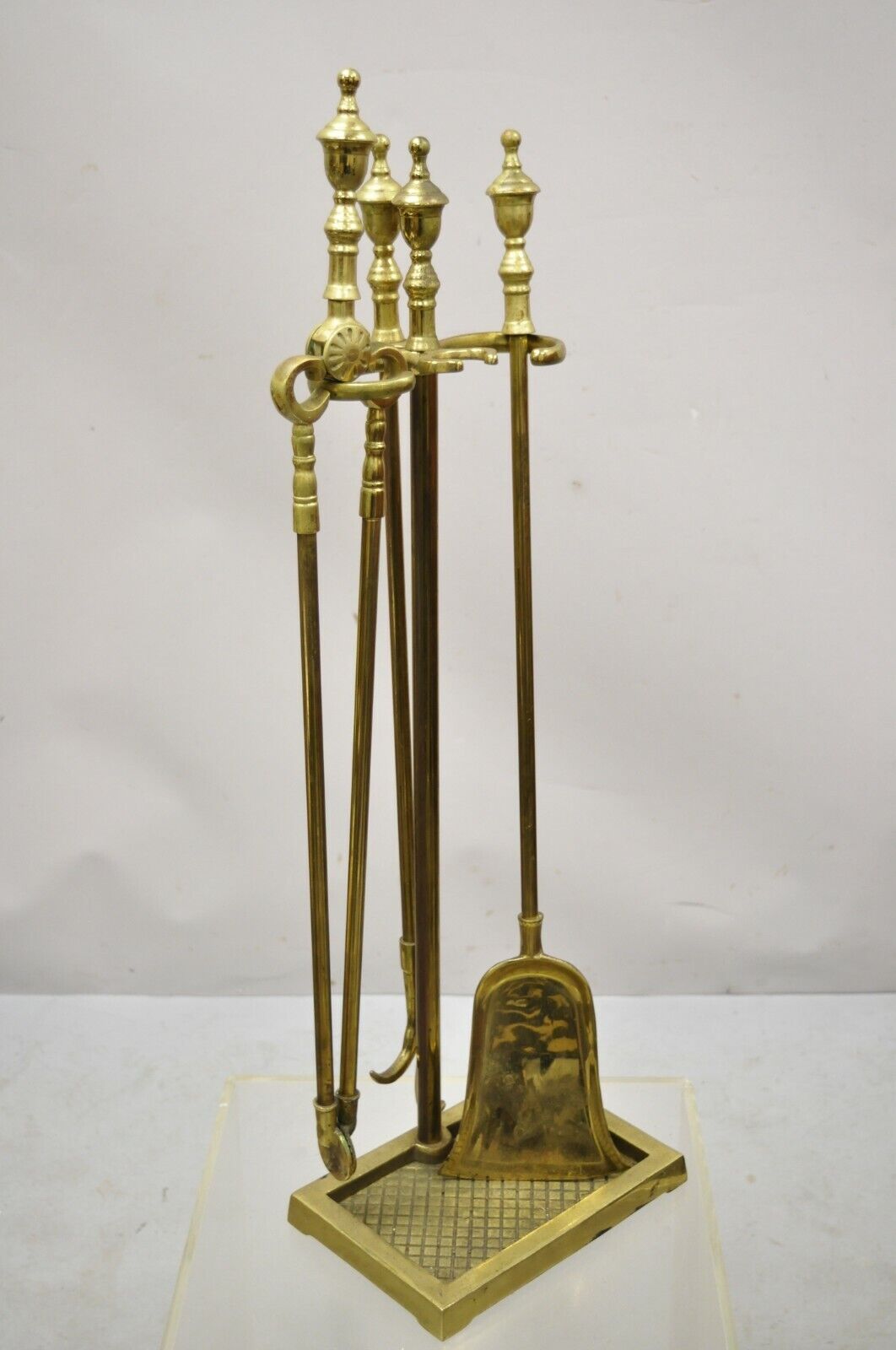 Vintage Solid Brass Federal Style Urn Finial Fireplace Tool Set and Stand