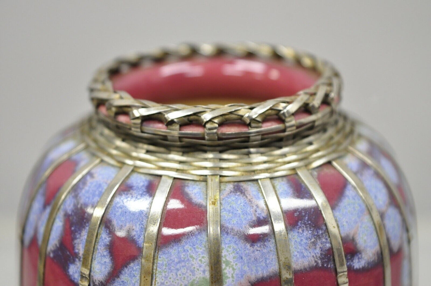 Vintage Japanese Meiji Basket Weave Silver Overlay 5.5 Small Pink Vase