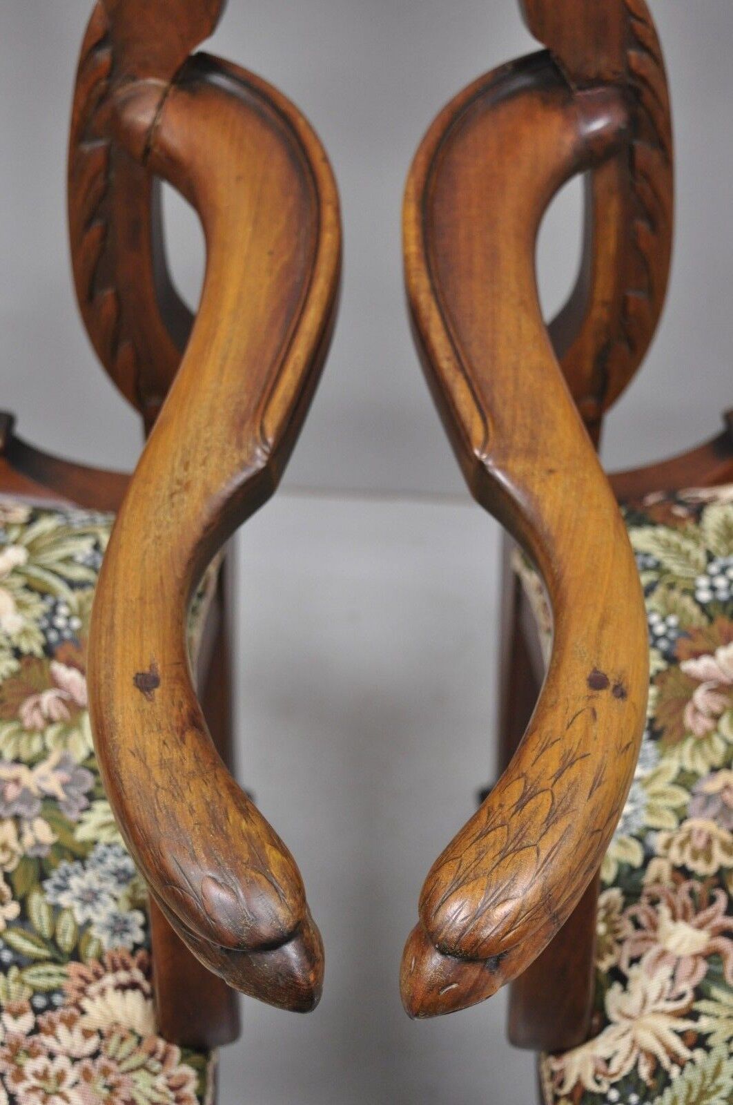 Pair Early 20th C. Mahogany Chippendale Style Armchairs with Carved Eagle Heads