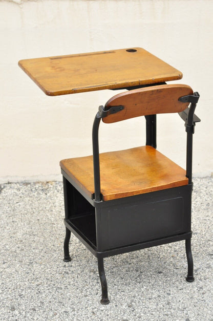 Antique American Industrial Iron and Maple Childs School Writing Desk
