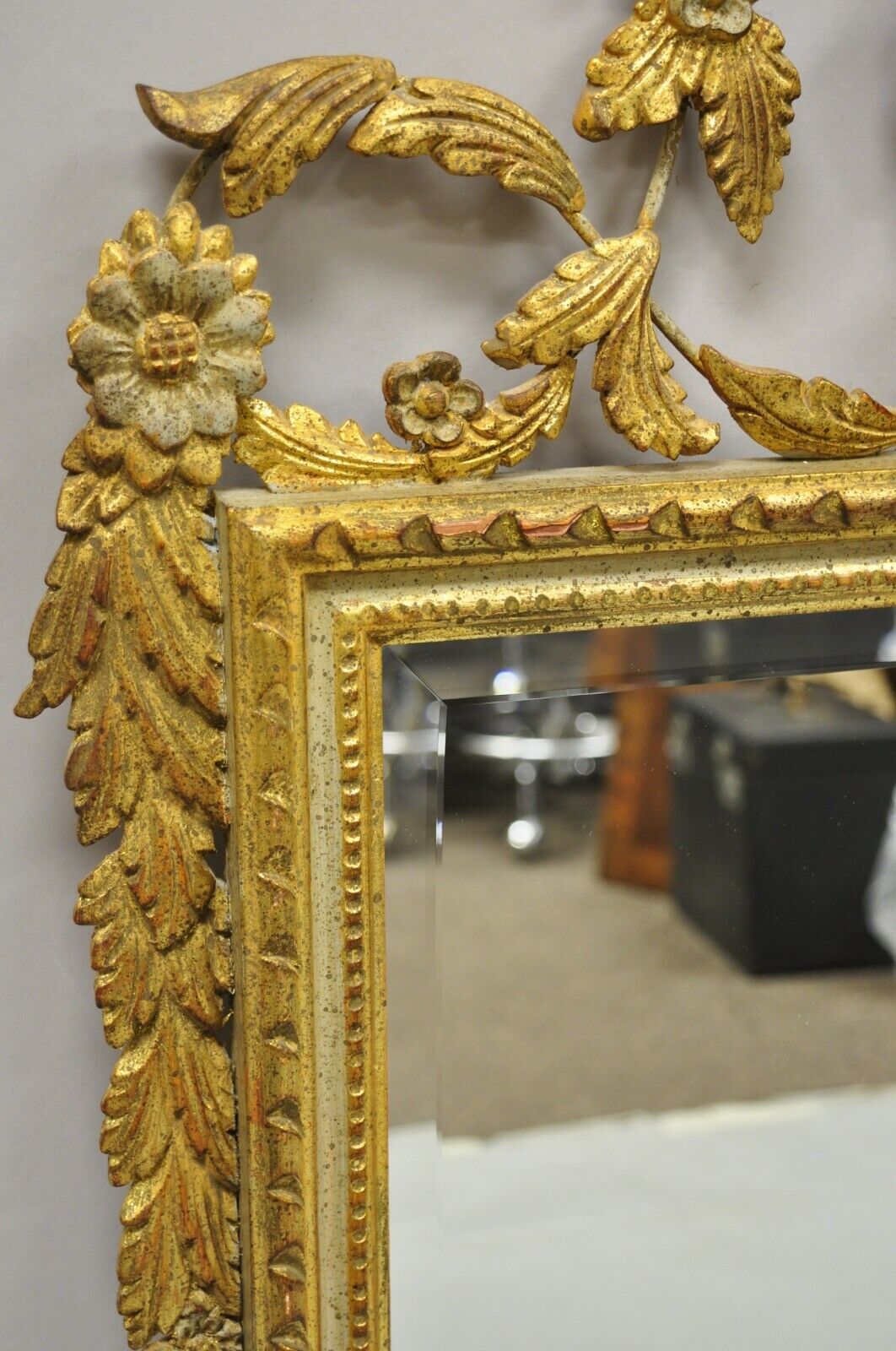 Vintage Italian Gold Giltwood Carved Wood Leafy Scrollwork Console Wall Mirror