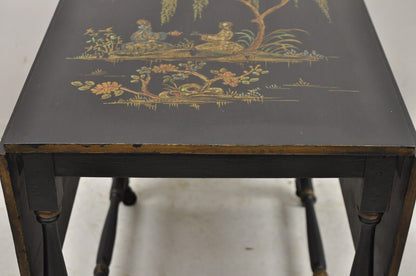 Antique Chinoiserie Asian Painted Small Black Dropleaf Side Table