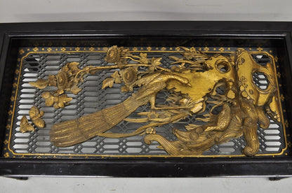 Vintage Chinese Relief Carved Ho ho Bird Glass Top Display Black Coffee Table