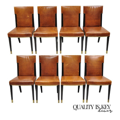 French Art Deco Style Brown Leather Ebonized Frame Dining Chairs - Set of 8