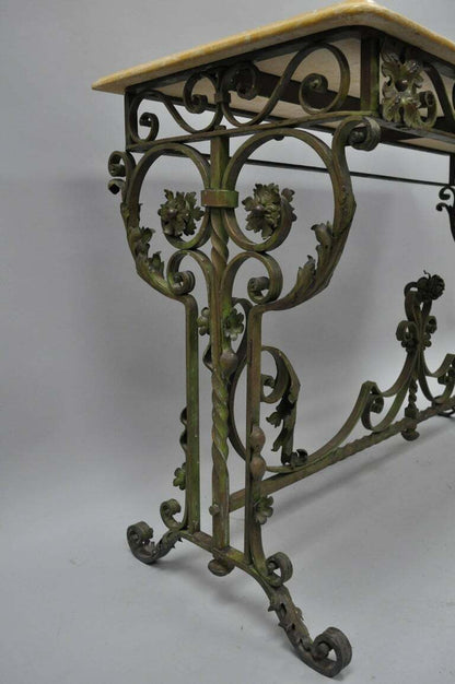 French Art Nouveau Green Wrought Iron Marble Top Scrolling Console Hall Table