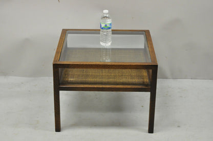 Mid Century Modern Oak Wood and Cane 2 Tier Glass Top Side Table Dunbar Style