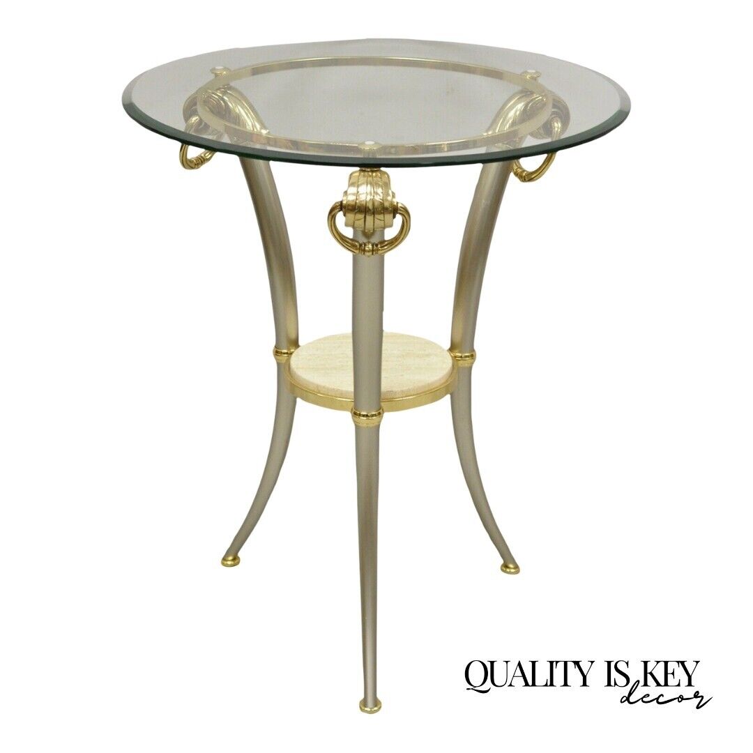 Italian Regency Style Steel and Brass Tripod Base Round Glass Top Side Table