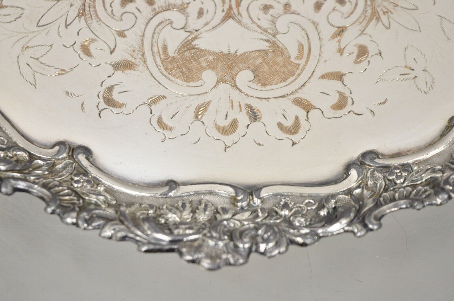 Vtg 1940s Victorian Silver Plate 12" Ornate Round Platter Tray to Francis Biddle