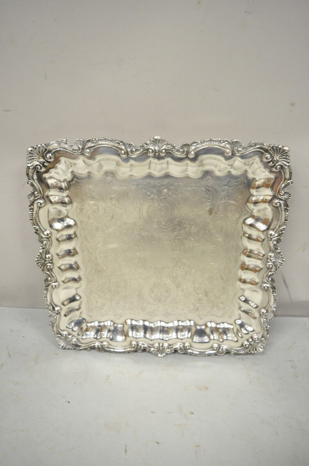 Chippendale by Wallace X 120 Silver Plate 16" Square Shell Platter Tray on Feet