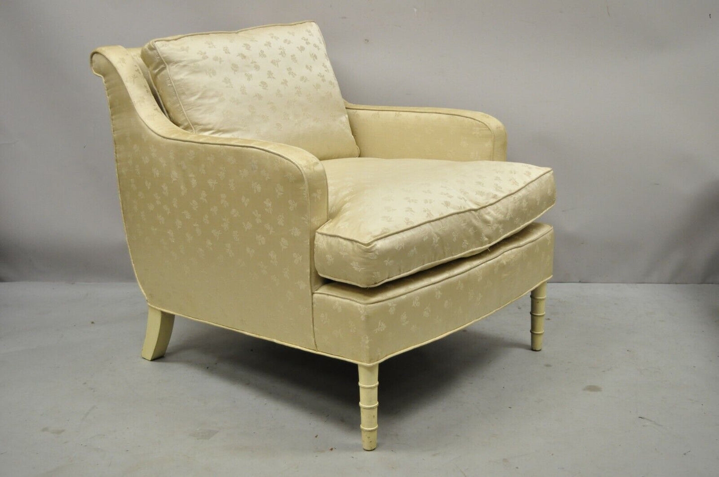 Vintage French Hollywood Regency Cream Painted Faux Bamboo Lounge Chair Ottoman