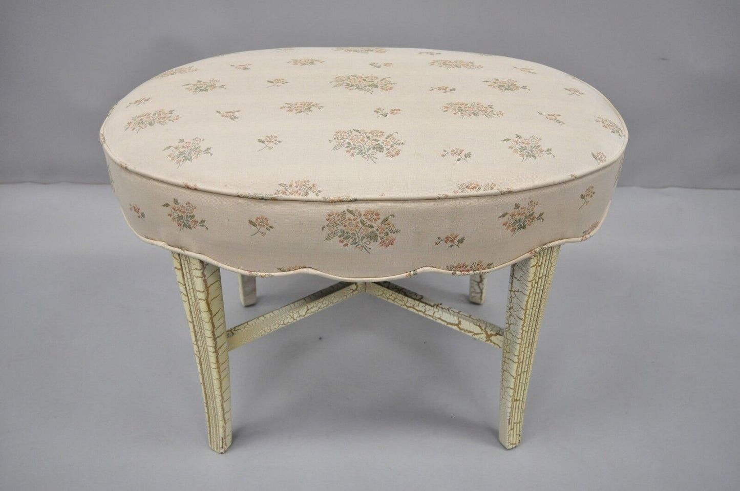 French Victorian Style White Distress Painted Accent Oval Vanity Bench Seat