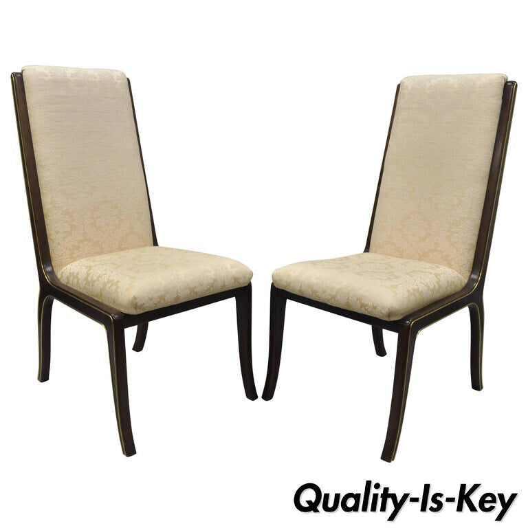 Pair William Doezema for Baker Mastercraft Brass Inlay Upholstered Dining Chairs