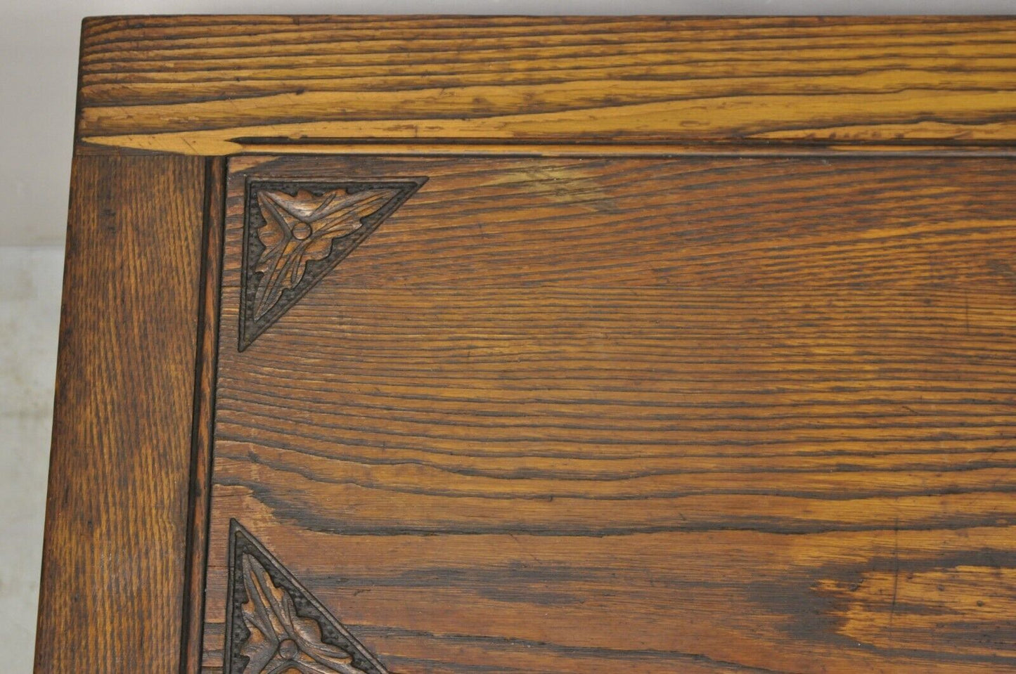 Antique Jacobean Oak Wood Figural Carved Blanket Chest Trunk on Bun Feet