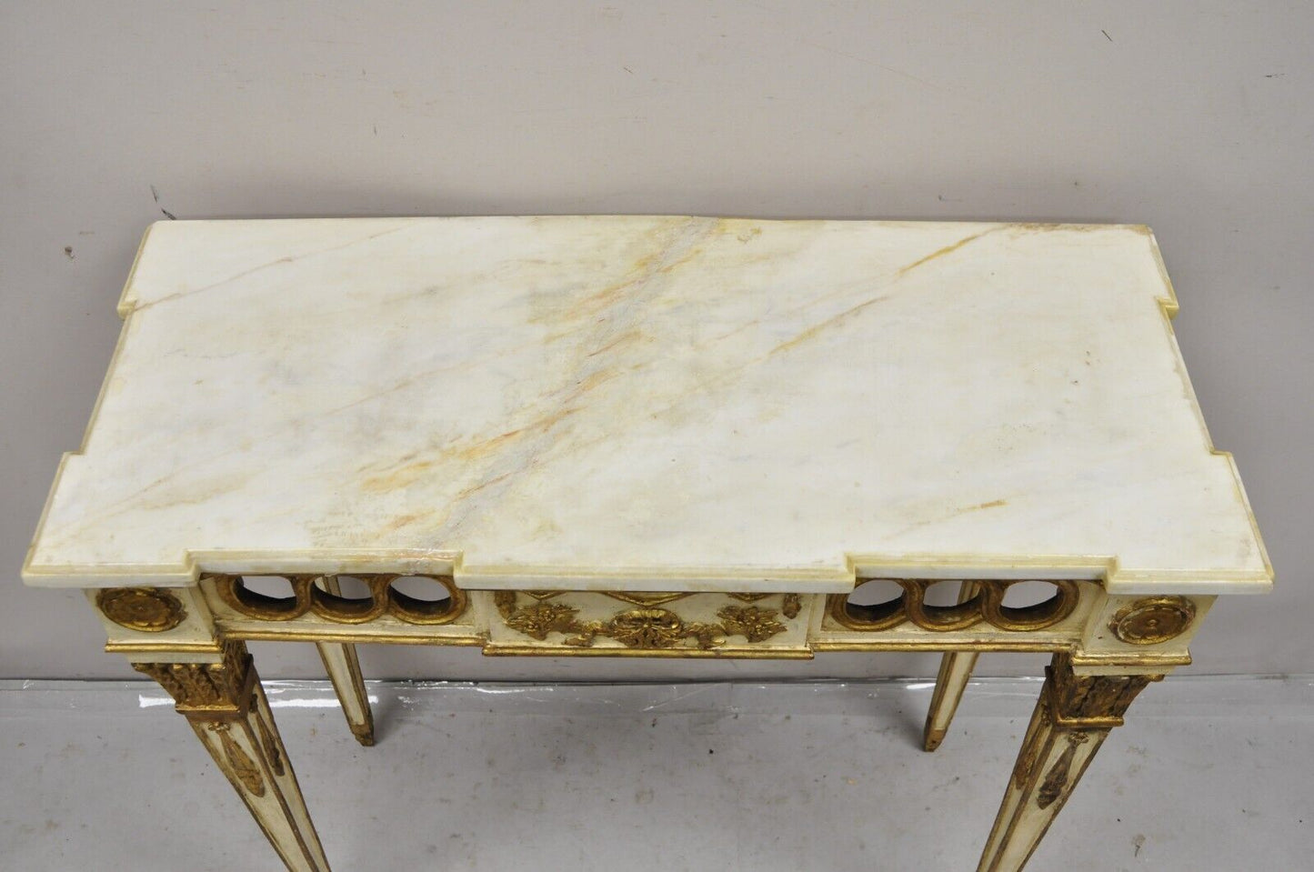 Vintage Italian Neoclassical Style Marble Top Cream and Gold Gilt Console Table