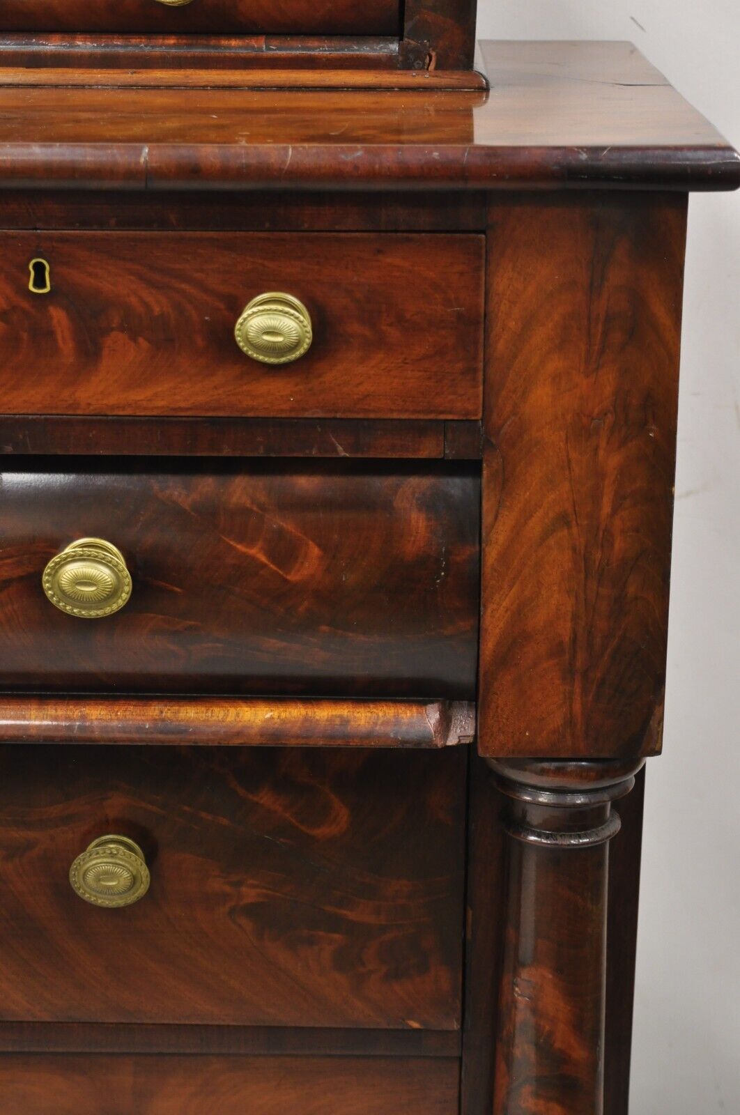 Antique American Empire Crotch Mahogany Chest Drawers Step Back Dresser Paw Feet