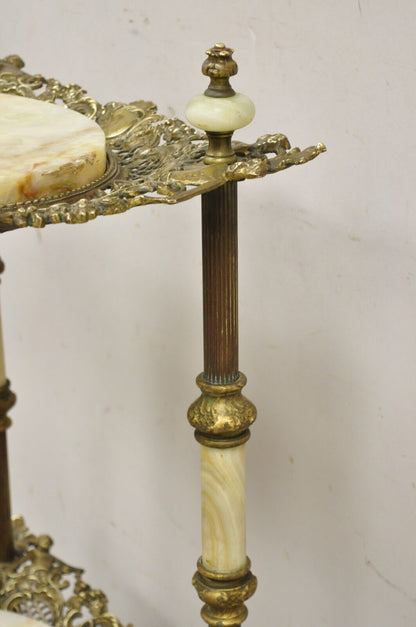 Antique French Victorian Bronze 2 Tier Onyx Stone Plant Stand Accent Table