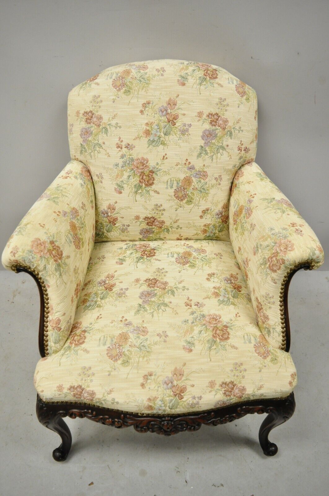 Antique Victorian French Carved Mahogany Upholstered Bergere Lounge Arm Chair