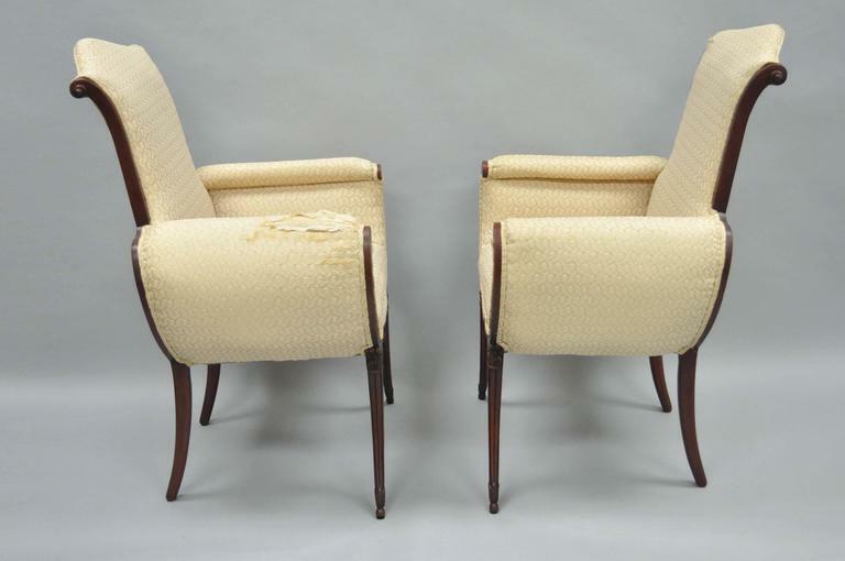 Pair Hollywood Regency French Victorian Mahogany Saber Leg Fireside Arm Chairs