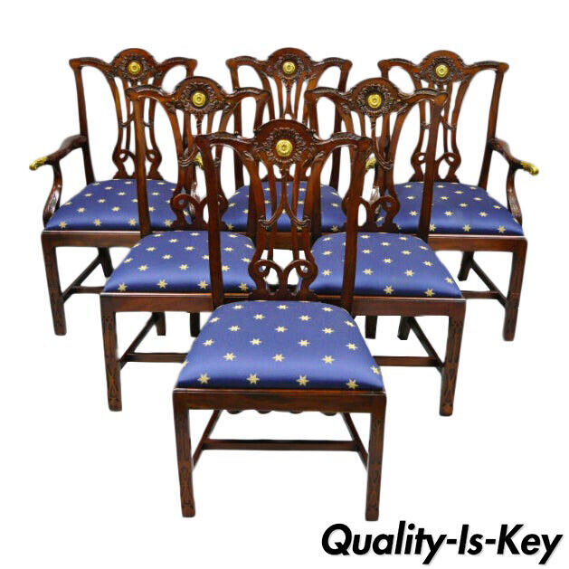 Set of 6 Maitland Smith Mahogany Chippendale Style Dining Chairs w/ Brass Ormolu