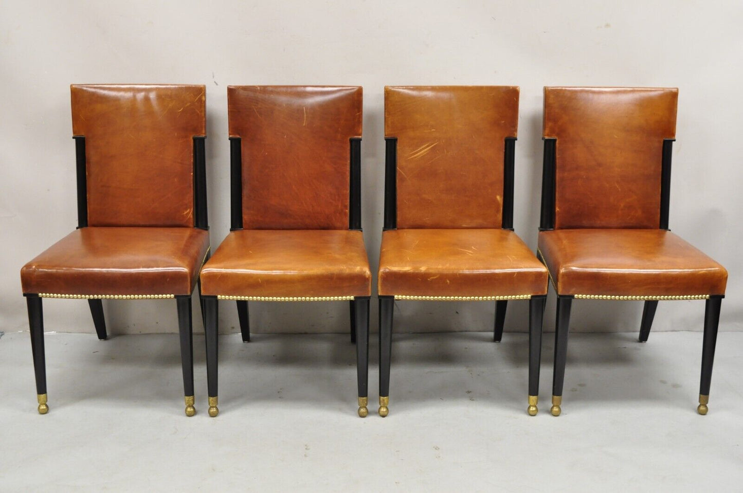 French Art Deco Style Brown Leather Ebonized Frame Dining Chairs - Set of 8