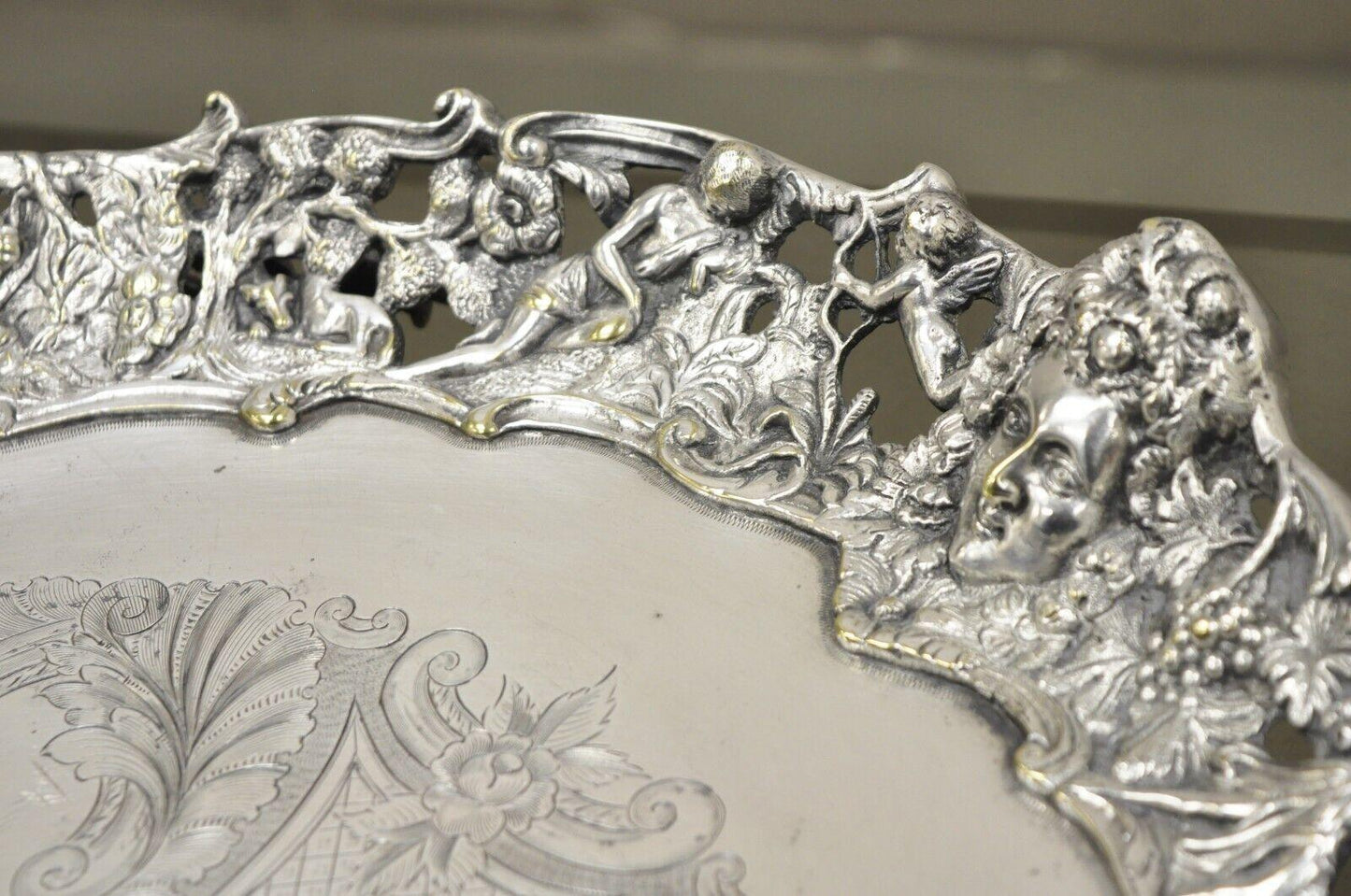 French Renaissance Bacchanal Scene Silver Plated Bacchus Figural Salver Tray