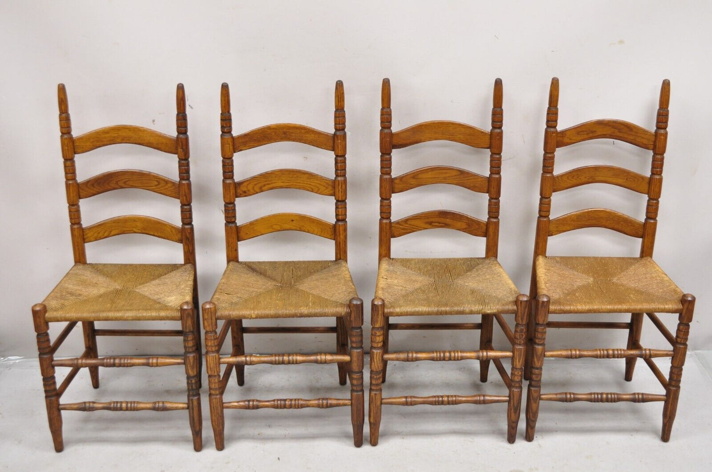 Antique Ladderback Primitive Rustic Oak Wood Rush Seat Dining Chairs - Set of 4