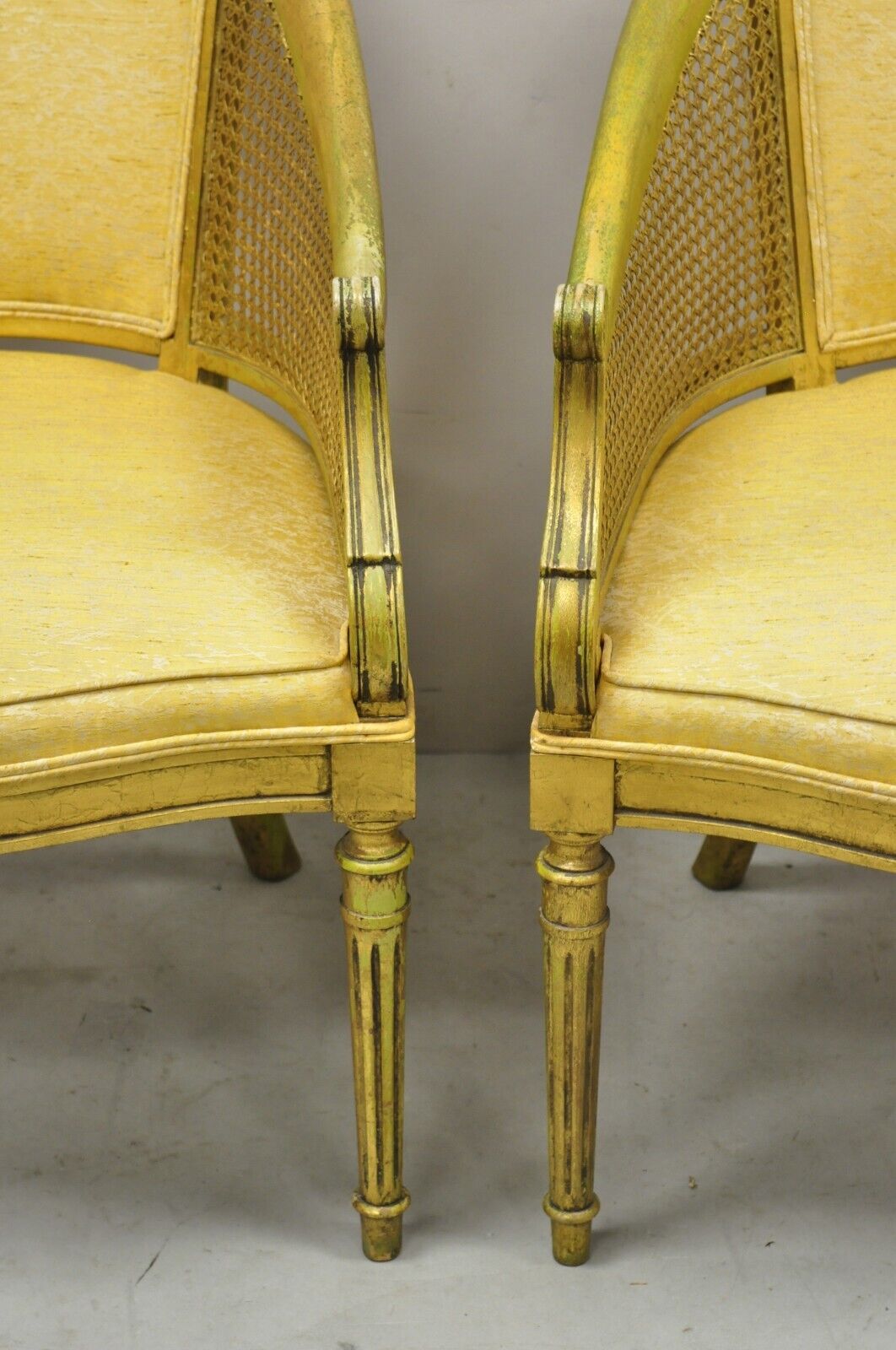 French Hollywood Regency Gold Gilt Barrel Back Cane Lounge Chairs - a Pair