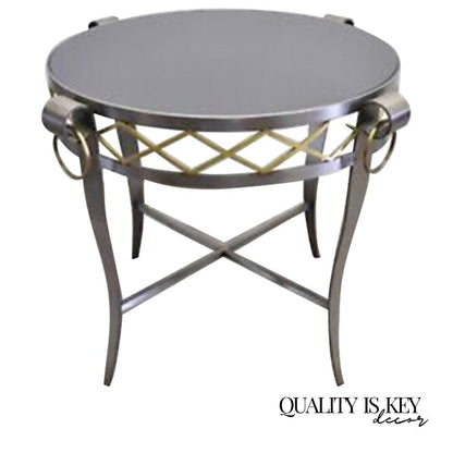 Neoclassical Maison Jansen Style Steel Black Marble Round Bouillotte Side Table