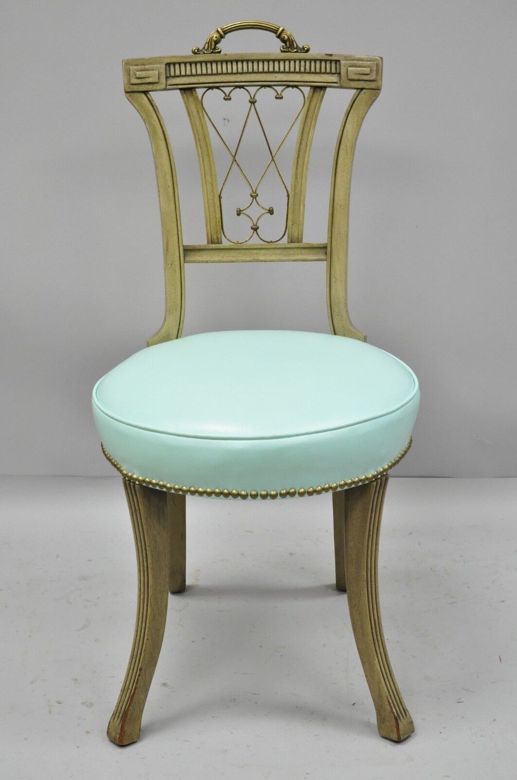 Carved Mahogany French Regency Style Chair w/ Brass Handle & Aqua Blue Vinyl (B)