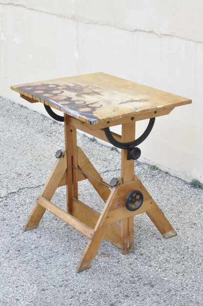 Antique American Industrial Small Drafting Table Work Desk Cast Iron Solid Wood