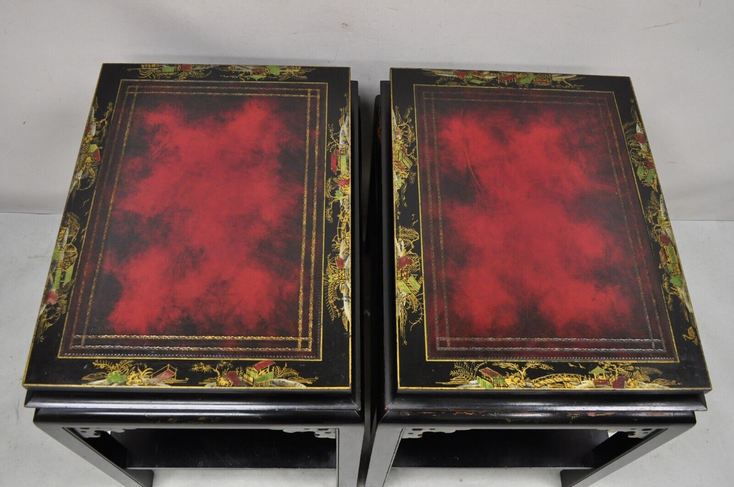 Vintage Chinoiserie Style Black Lacquered Red Leather Top End Tables - a Pair