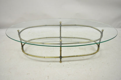 Vintage Hollywood Regency Brass Faux Bamboo Oval Glass Top Italian Coffee Table
