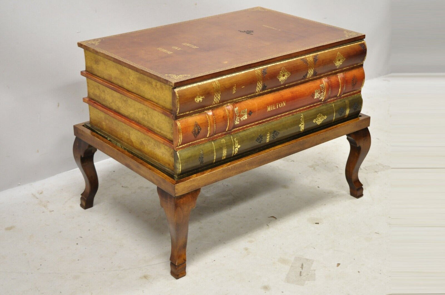 Vintage Italian Tooled Leather Stacked Book Storage Coffee Table Trunk on Base