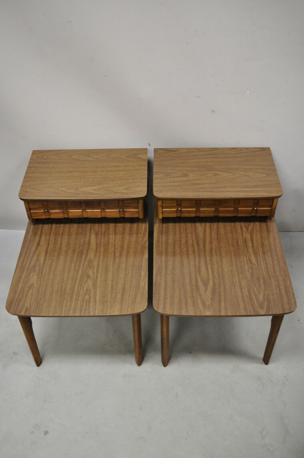 Mersman Mid Century Modern Walnut and Laminate Step Side End Tables - a Pair