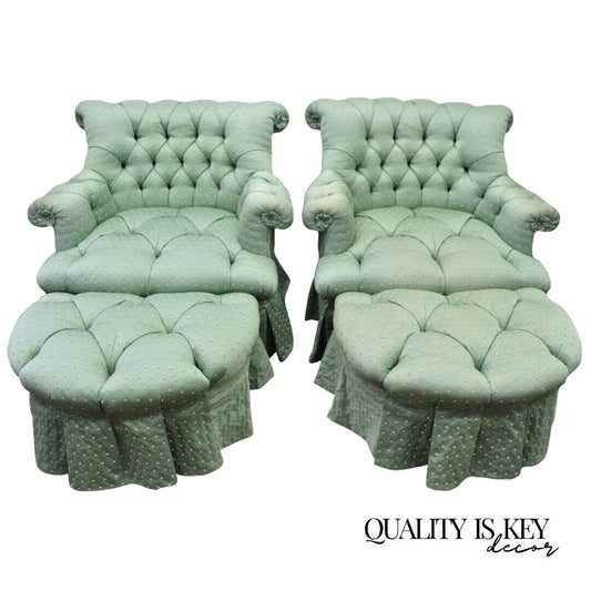 Marco Napoleon III Style Green Tufted Swivel Lounge Chairs and Ottomans - a Pair