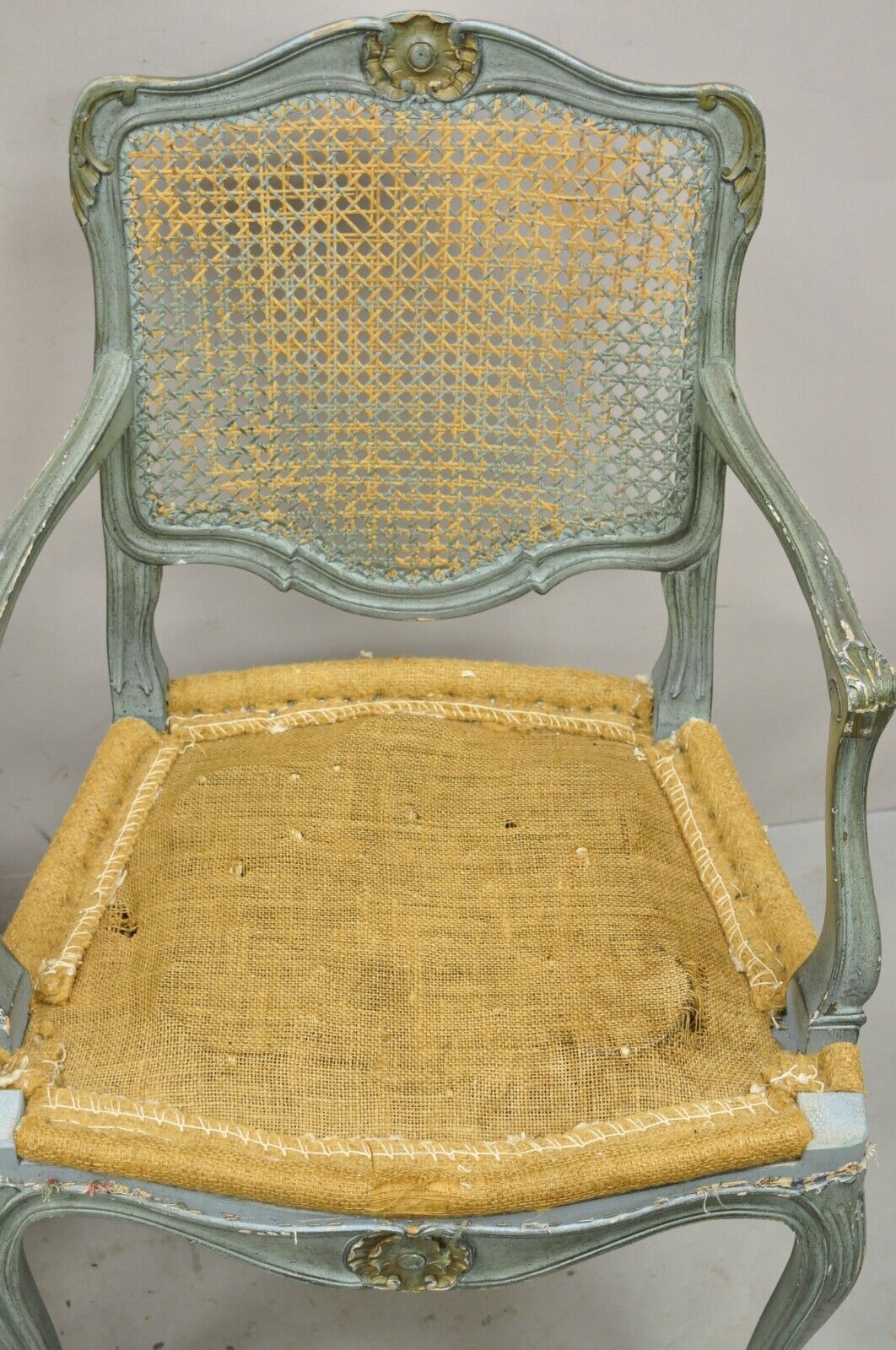 Pair Vintage French Louis XV  Style Blue Painted Cane Back Fauteuil Arm Chairs