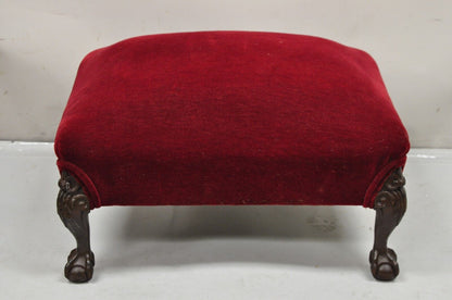 Antique Chippendale Style Mahogany Ball and Claw Carved Red Footstool Ottoman