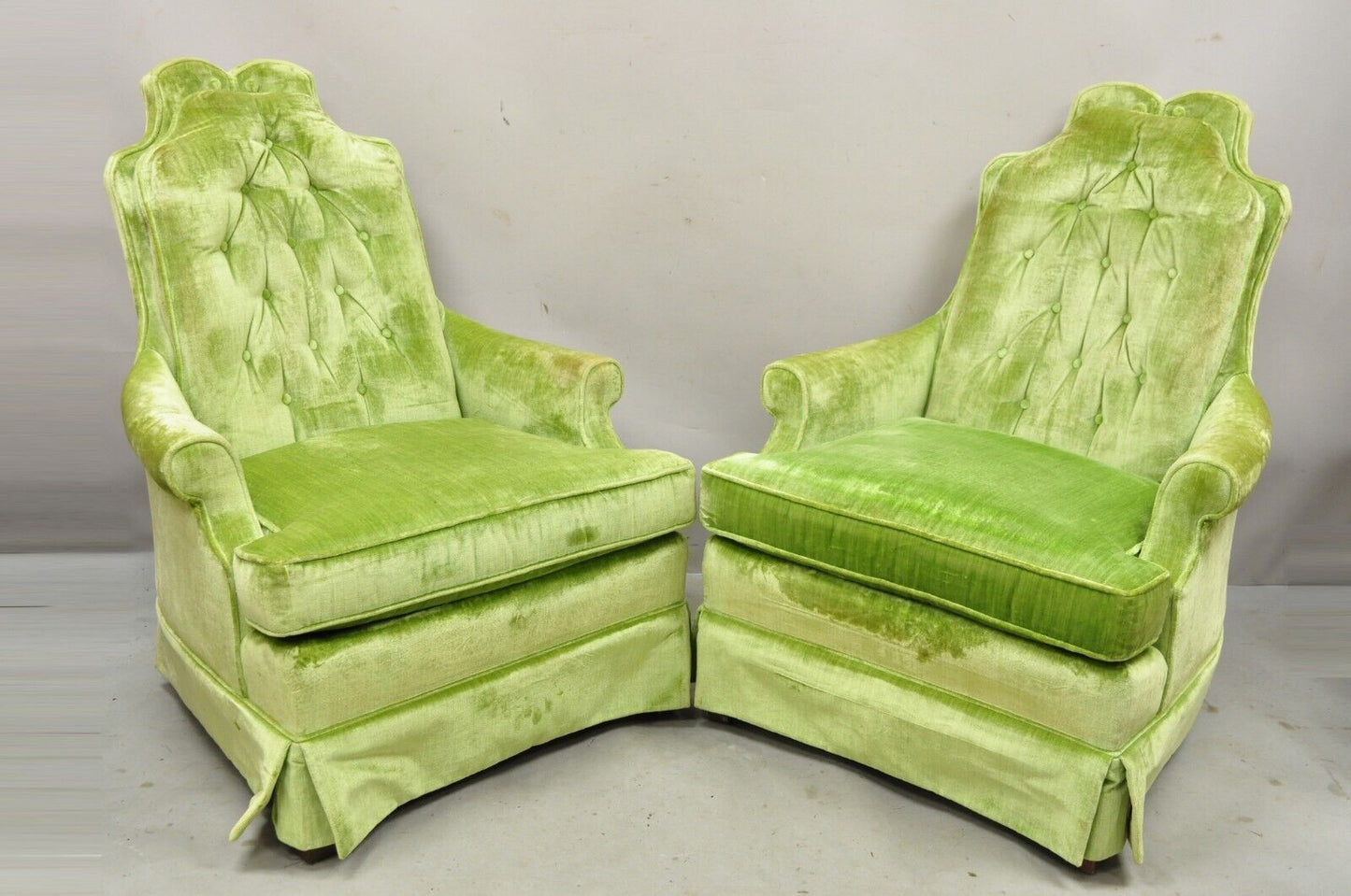 Pair Silver Craft Lime Green Upholstered Button Tufted Club Lounge Chairs