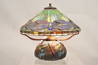 Tiffany Style Bronze and Leaded Stained Glass Blue Eye Dragonfly Table Lamp