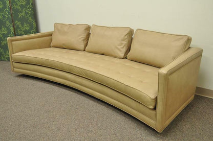 Harvey Probber Long Curved Button Tufted Beige Leather Mid Century Modern Sofa