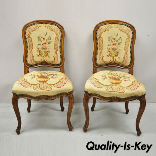 Antique French Provincial Louis XV Walnut Floral Needlepoint Side Chair - a Pair