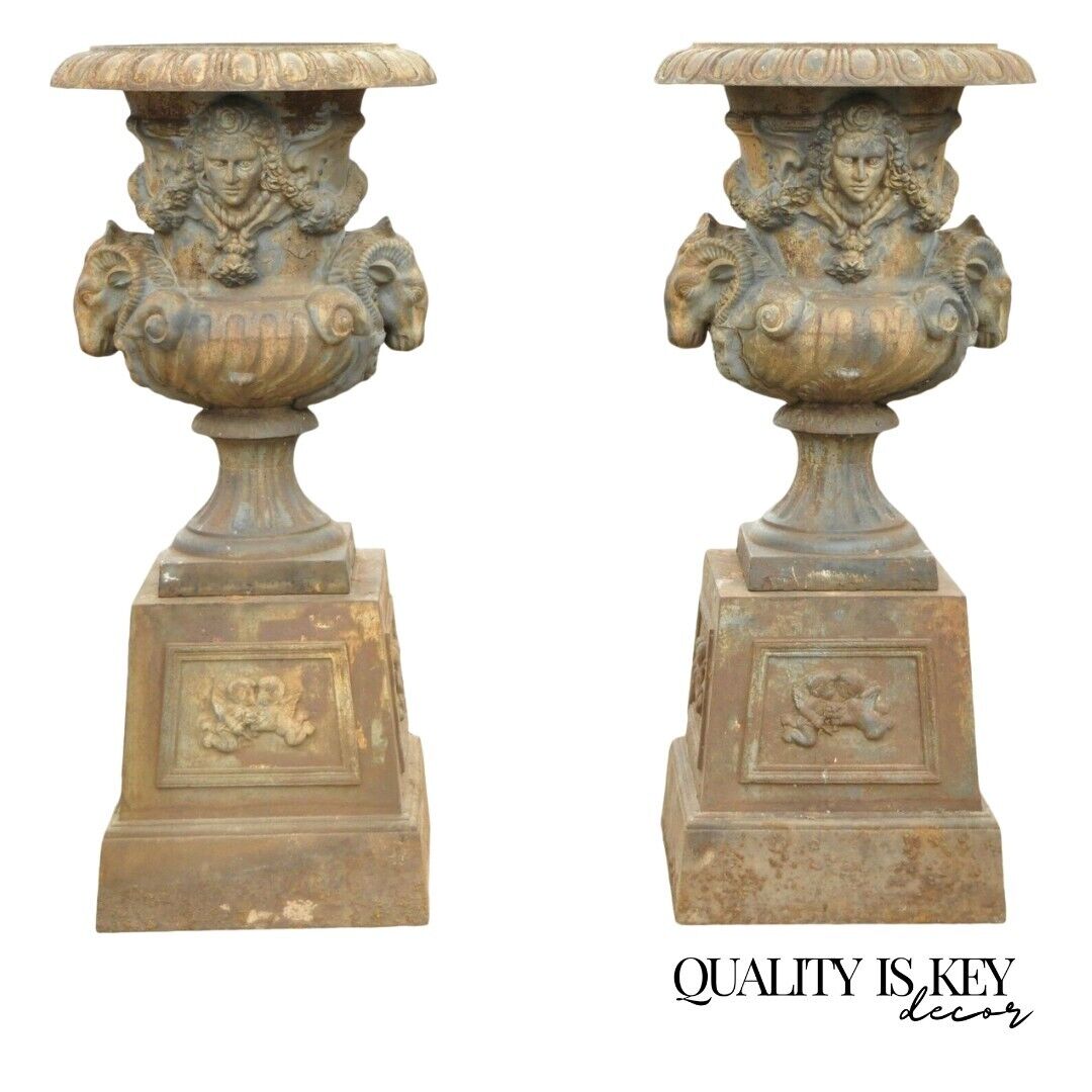 French Empire Regency Large Cast Iron Rams Head Garden Urn Planters - a Pair