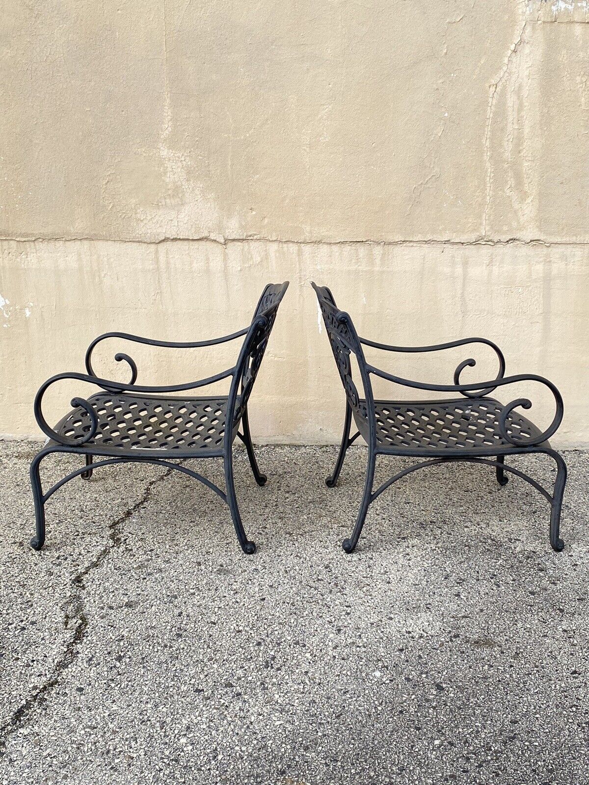 Cast Aluminum Mediterranean Tuscan Scrolling Garden Patio Club Chairs - a Pair