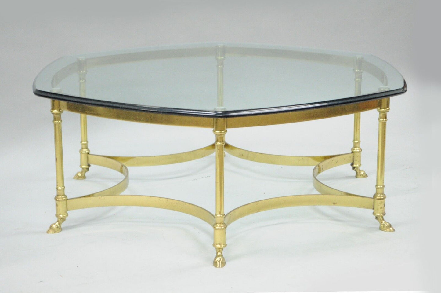 Vintage Labarge Brass Hoof Foot Hollywood Regency Hexagonal Glass Coffee Table