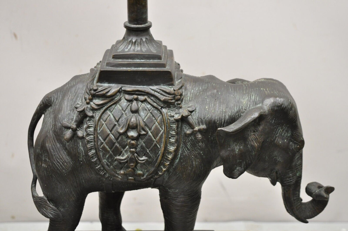 Maitland Smith Bronze Figural Elephant Table Lamp Faux Tooled Leather Shade (A)