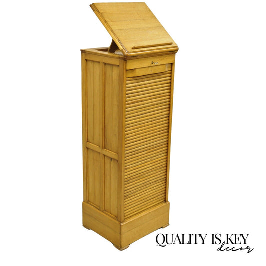 Antique Arts & Crafts Oak & Maple Wood Tambour Shutter Door Filing Cabinet