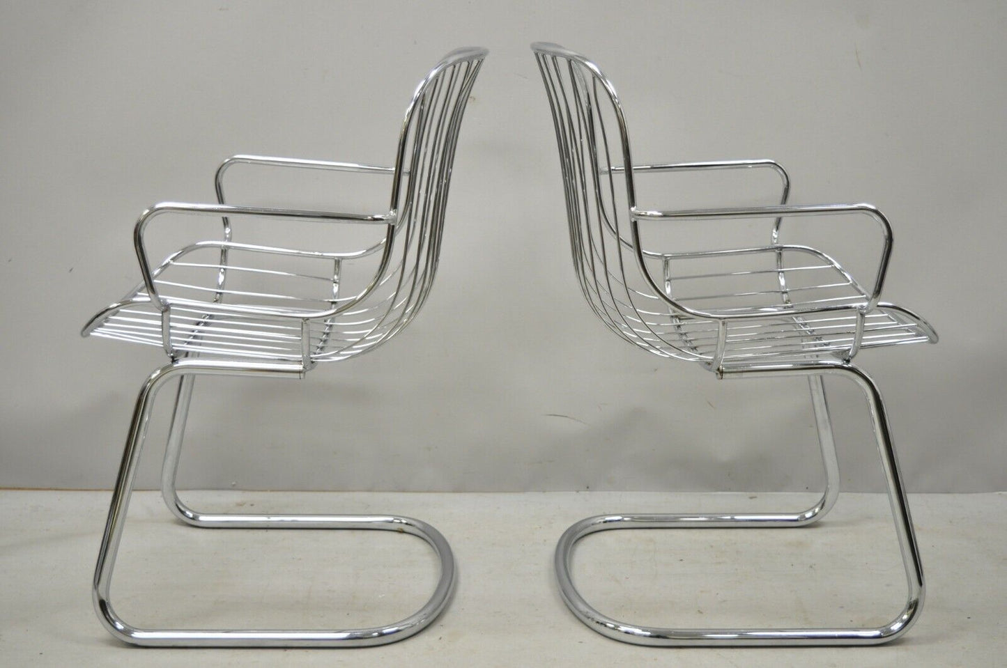 4 Vintage Italian Mid Century Modern Tubular Chrome Cantilever Dining Arm Chairs