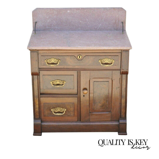 Antique Eastlake Victorian Walnut Washstand Commode with Marble Top Backsplash