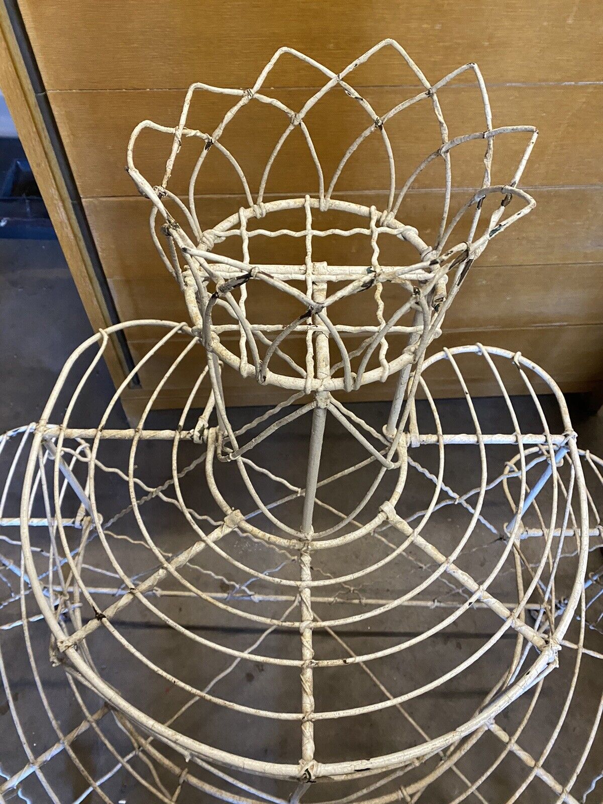 Antique 19th C Victorian White Wire Metal 3 Tier Half Round Garden Plant Stand