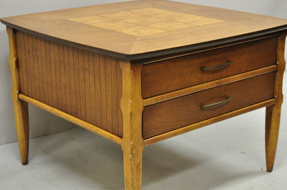 Lane Mid Century Modern Walnut 2 Drawer Lamp End Table with Burlwood Inlay Top